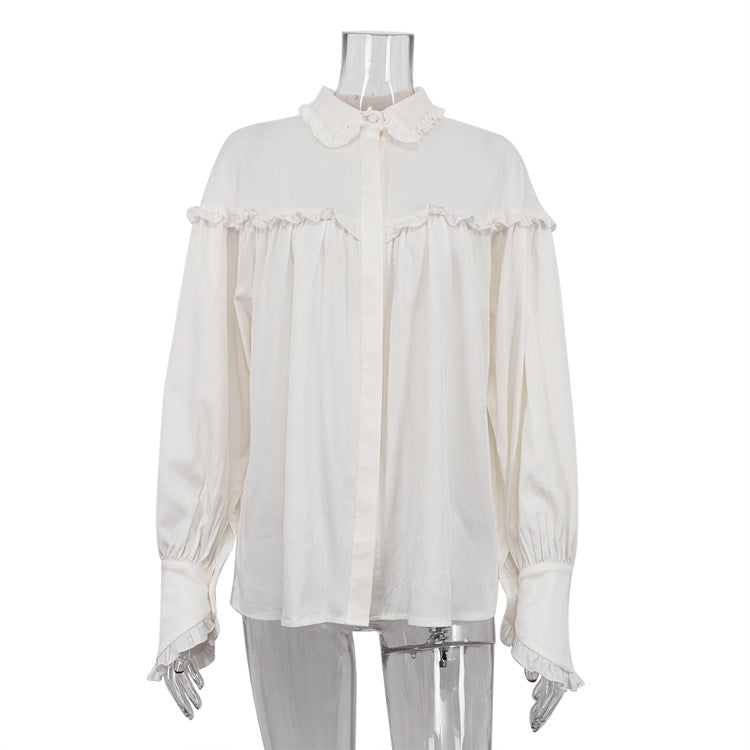 Mojoyce Ruffle Loose Shirts For Women 2024 Spring White Turtleneck Long Sleeve Women's Shirt Street Casual Oversized Shirt Femme