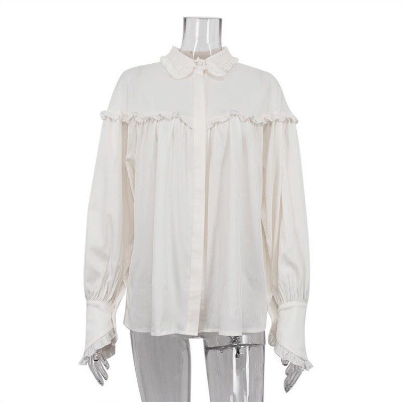 Mojoyce Ruffle Loose Shirts For Women 2024 Spring White Turtleneck Long Sleeve Women's Shirt Street Casual Oversized Shirt Femme