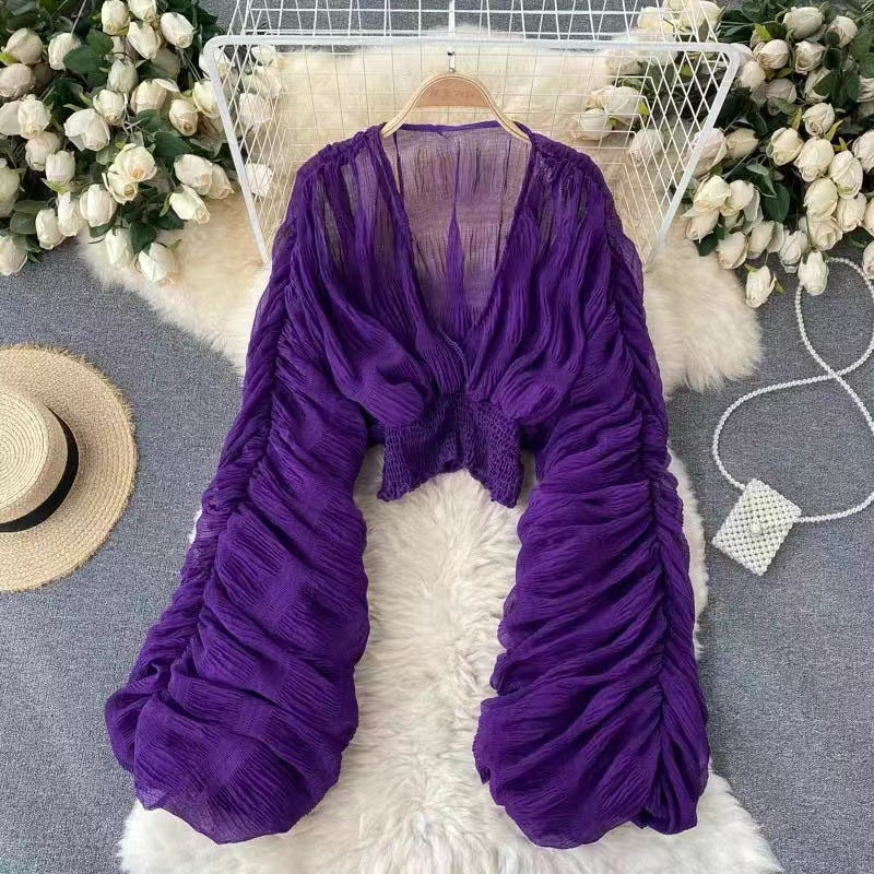 Mojoyce Summer Blouses Shirts Women V-Neck Puff Sleeve Slim Blusas 2023 See Through Sexy Beachwear Tops Blouse White Elegant