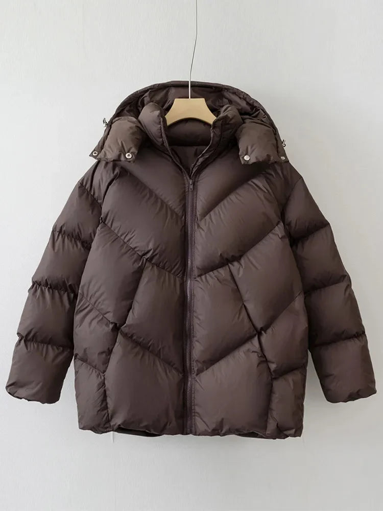 Mojoyce-Women Warm Simple Solid Hooded Full Sleeve Cotton Coat Elegant Zipper Stand Collar Down Jackets 2024 New Winter High Streetwear