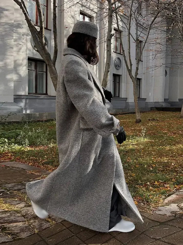 Mojoyce-Fashion Grey Oversized Woolen Overcoat Chic Lapel Long Sleeve Double Breasted Long Coats 2024 Autumn Female Warm Street Coat