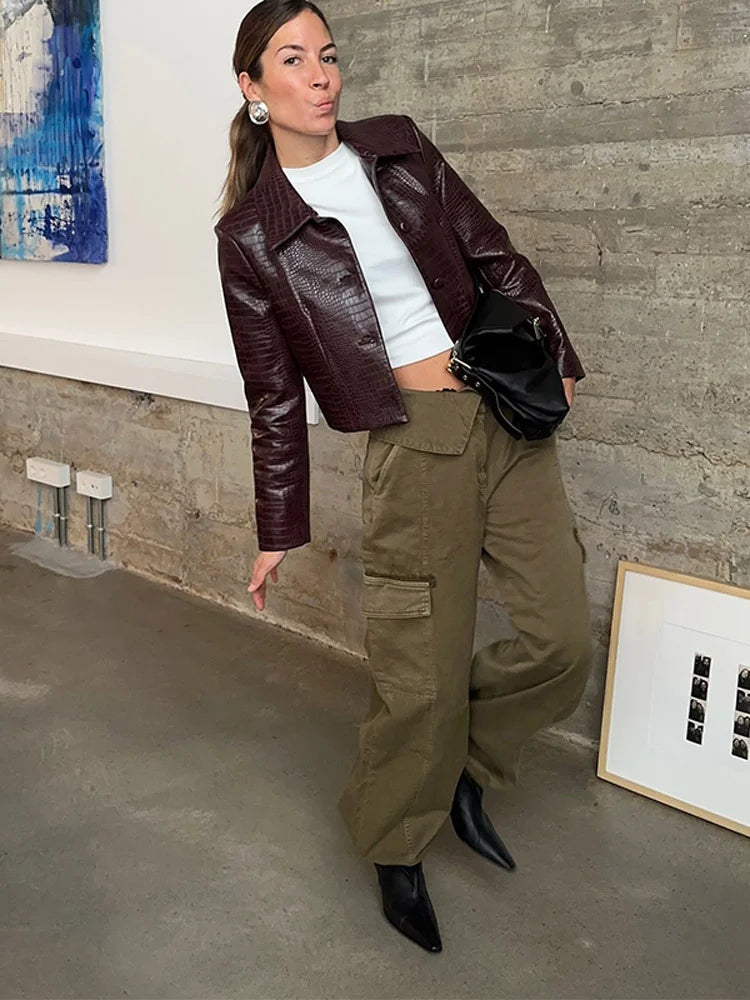 Mojoyce-Burgundy Crocodrile-effect Turndown Collar Pu Cropped Jacket 2024 Autumn Women Long Sleeved Single Breasted Short Slim Fit Coats