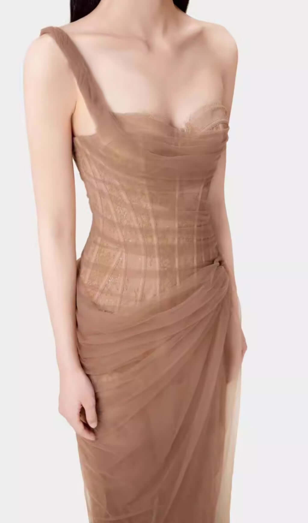 Anandi Brown Mesh Corset Maxi Dress