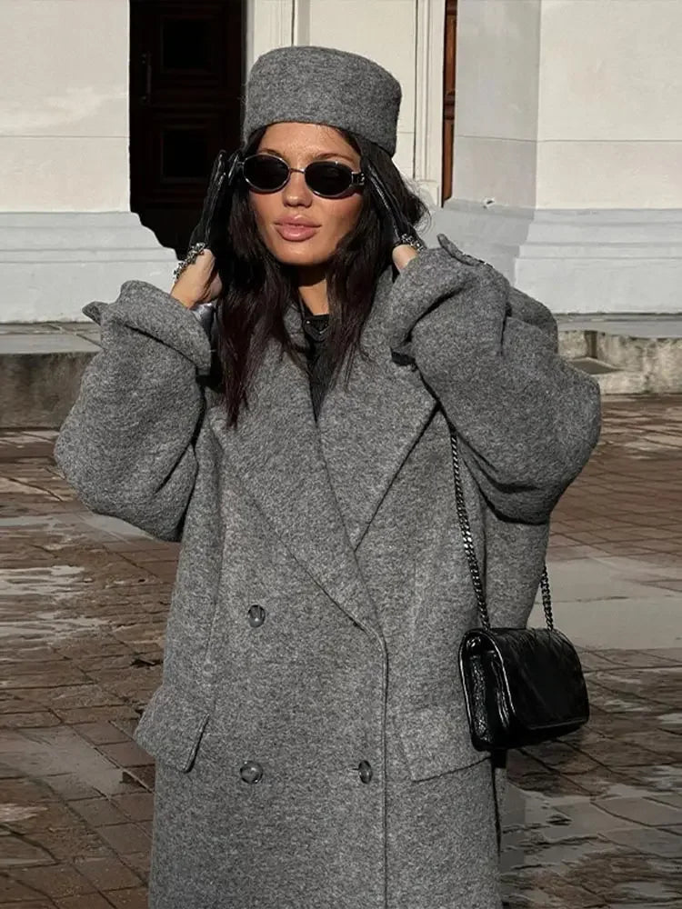 Mojoyce-Fashion Grey Oversized Woolen Overcoat Chic Lapel Long Sleeve Double Breasted Long Coats 2024 Autumn Female Warm Street Coat