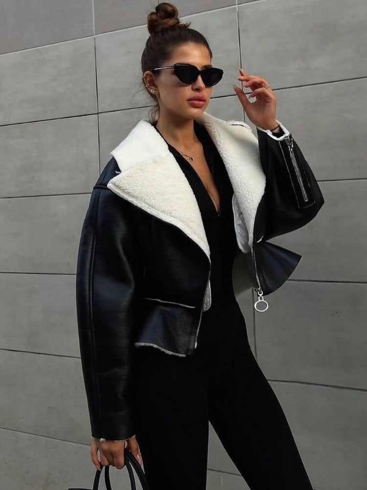 Mojoyce Turn-down Slim Coats For Women 2023 Autumn Winter Fashion Long Sleeve Jackets Woman Street Casual Short Cardigan Femme