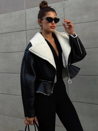 Mojoyce Turn-down Slim Coats For Women 2023 Autumn Winter Fashion Long Sleeve Jackets Woman Street Casual Short Cardigan Femme