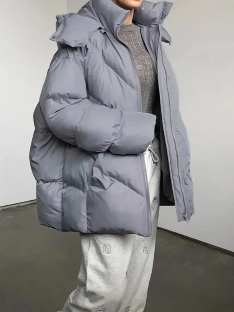 Mojoyce-Women Warm Simple Solid Hooded Full Sleeve Cotton Coat Elegant Zipper Stand Collar Down Jackets 2024 New Winter High Streetwear