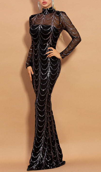 Bethia Black Sequin Mesh Sleeve Maxi Dress