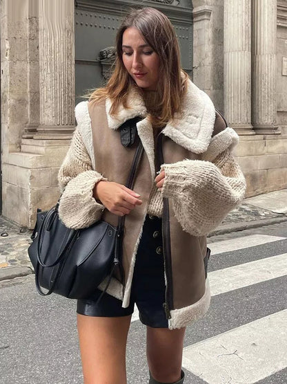 Mojoyce Suede Leather Thick Fleece Jacket Autumn Winter Women Splice Sleeveless Faux Shearling Jackets Vest Y2K Cardigans Coats