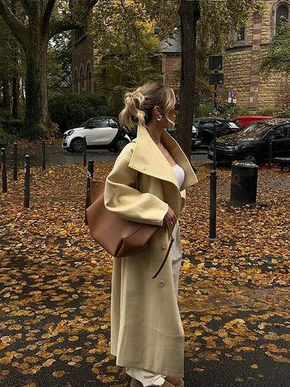 Mojoyce-Elegant Solid Lapel Woolen Full Sleeve Coats Fashion Long Double-breasted Coat 2024 New Autumn Winter Chic Lady High Street Wear