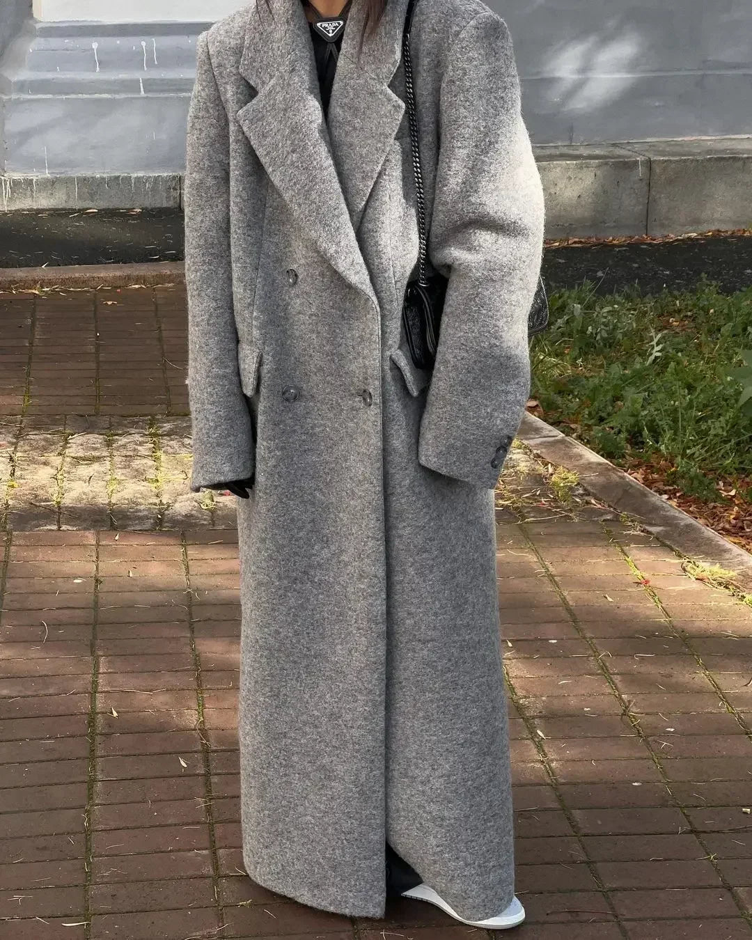Mojoyce-Fashion Grey Oversized Woolen Overcoat Chic Lapel Long Sleeve Double Breasted Long Coats 2024 Autumn Female Warm Street Coat