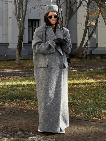 Mojoyce-Fashion Grey Oversized Woolen Overcoat Chic Lapel Long Sleeve Double Breasted Long Coats 2024 Autumn Female Warm Street Coat
