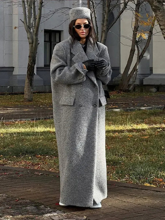 Mojoyce-Fashion Grey Oversized Woolen Overcoat Chic Lapel Long Sleeve Double Breasted Long Coats 2024 Autumn Female Warm Street Coat