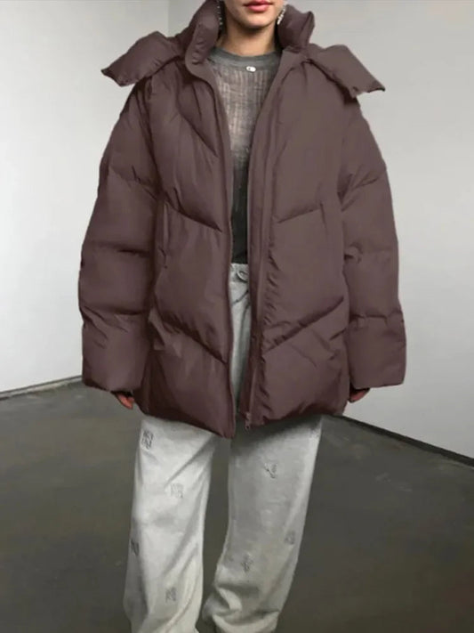 Mojoyce-Women Warm Simple Solid Hooded Full Sleeve Cotton Coat Elegant Zipper Stand Collar Down Jackets 2024 New Winter High Streetwear