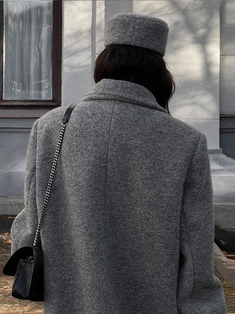 Mojoyce-Fashion Grey Oversized Woolen Overcoat Chic Lapel Long Sleeve Double Breasted Long Coats 2024 Autumn Female Warm Street Coat