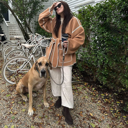 Mojoyce Lace Up Cardigan Coat Woman Long Sleeve V Neck Femme Jackets 2024 Autumn Fashion Slim Elegant Women's Tweed Jacket New