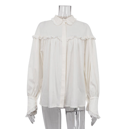 Mojoyce Ruffle Loose Shirts For Women 2024 Spring White Turtleneck Long Sleeve Women's Shirt Street Casual Oversized Shirt Femme