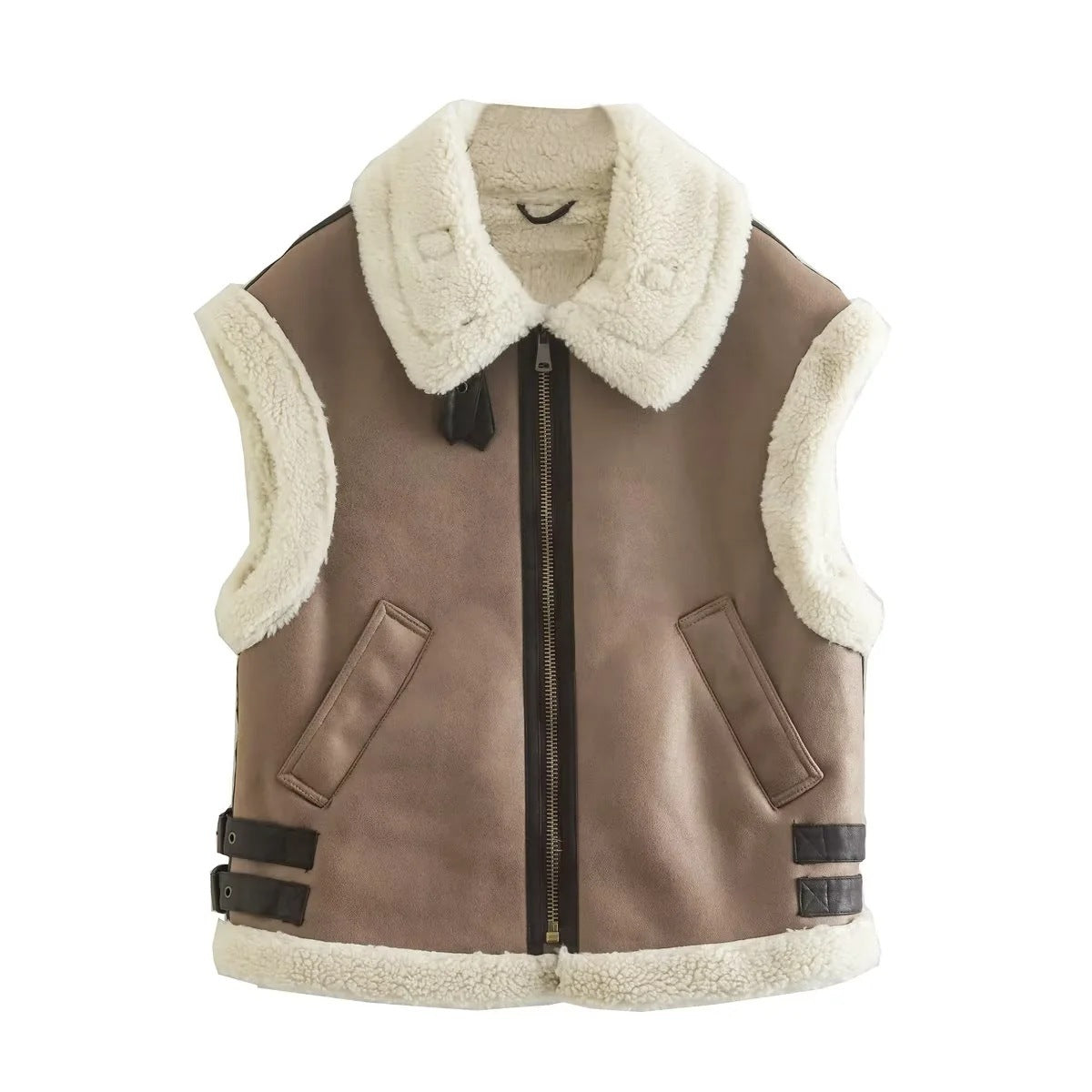 Mojoyce Suede Leather Thick Fleece Jacket Autumn Winter Women Splice Sleeveless Faux Shearling Jackets Vest Y2K Cardigans Coats