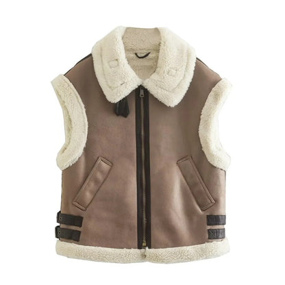 Mojoyce Suede Leather Thick Fleece Jacket Autumn Winter Women Splice Sleeveless Faux Shearling Jackets Vest Y2K Cardigans Coats