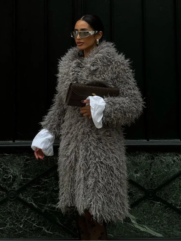 Mojoyce-Women Fashion Grey Fluffy Curly Faux Fur Overcoats Elegant Lapel Full Sleeves Long Coat Autumn 2024 Chic Lady Street Warm Jacket