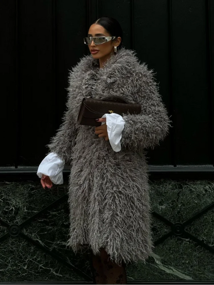 Mojoyce-Women Fashion Grey Fluffy Curly Faux Fur Overcoats Elegant Lapel Full Sleeves Long Coat Autumn 2024 Chic Lady Street Warm Jacket