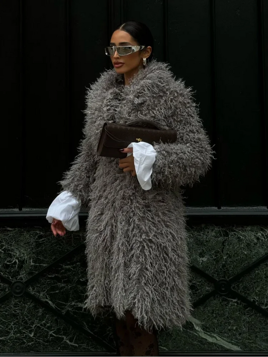 Mojoyce-Women Fashion Grey Fluffy Curly Faux Fur Overcoats Elegant Lapel Full Sleeves Long Coat Autumn 2024 Chic Lady Street Warm Jacket