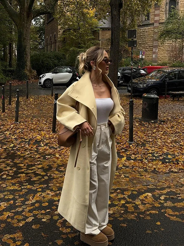 Mojoyce-Elegant Solid Lapel Woolen Full Sleeve Coats Fashion Long Double-breasted Coat 2024 New Autumn Winter Chic Lady High Street Wear