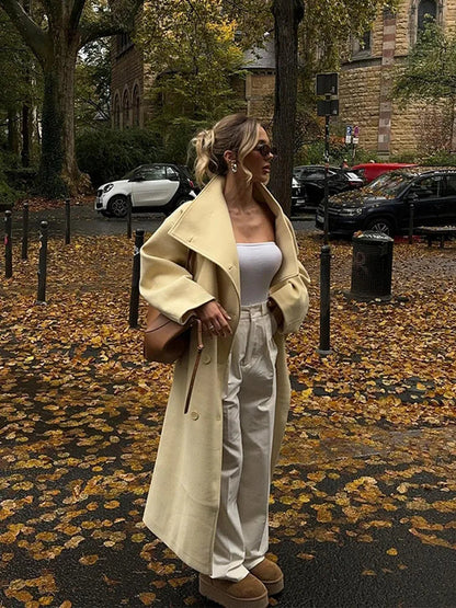 Mojoyce-Elegant Solid Lapel Woolen Full Sleeve Coats Fashion Long Double-breasted Coat 2024 New Autumn Winter Chic Lady High Street Wear