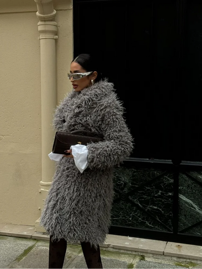 Mojoyce-Women Fashion Grey Fluffy Curly Faux Fur Overcoats Elegant Lapel Full Sleeves Long Coat Autumn 2024 Chic Lady Street Warm Jacket