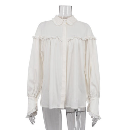 Mojoyce Ruffle Loose Shirts For Women 2024 Spring White Turtleneck Long Sleeve Women's Shirt Street Casual Oversized Shirt Femme