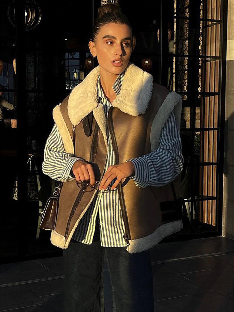 Mojoyce Suede Leather Thick Fleece Jacket Autumn Winter Women Splice Sleeveless Faux Shearling Jackets Vest Y2K Cardigans Coats