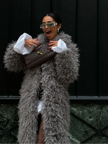 Mojoyce-Women Fashion Grey Fluffy Curly Faux Fur Overcoats Elegant Lapel Full Sleeves Long Coat Autumn 2024 Chic Lady Street Warm Jacket