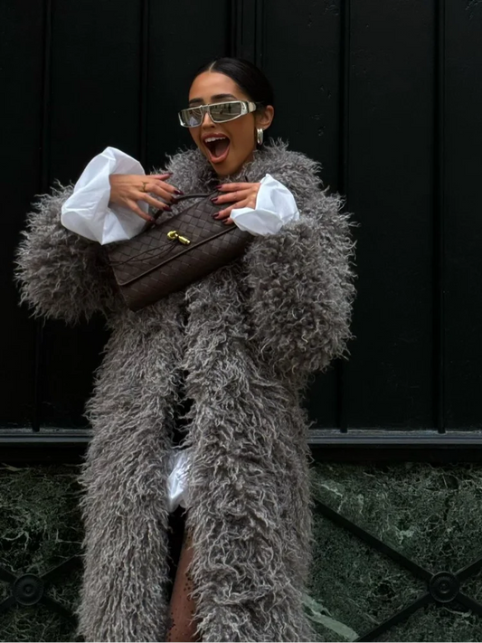Mojoyce-Women Fashion Grey Fluffy Curly Faux Fur Overcoats Elegant Lapel Full Sleeves Long Coat Autumn 2024 Chic Lady Street Warm Jacket