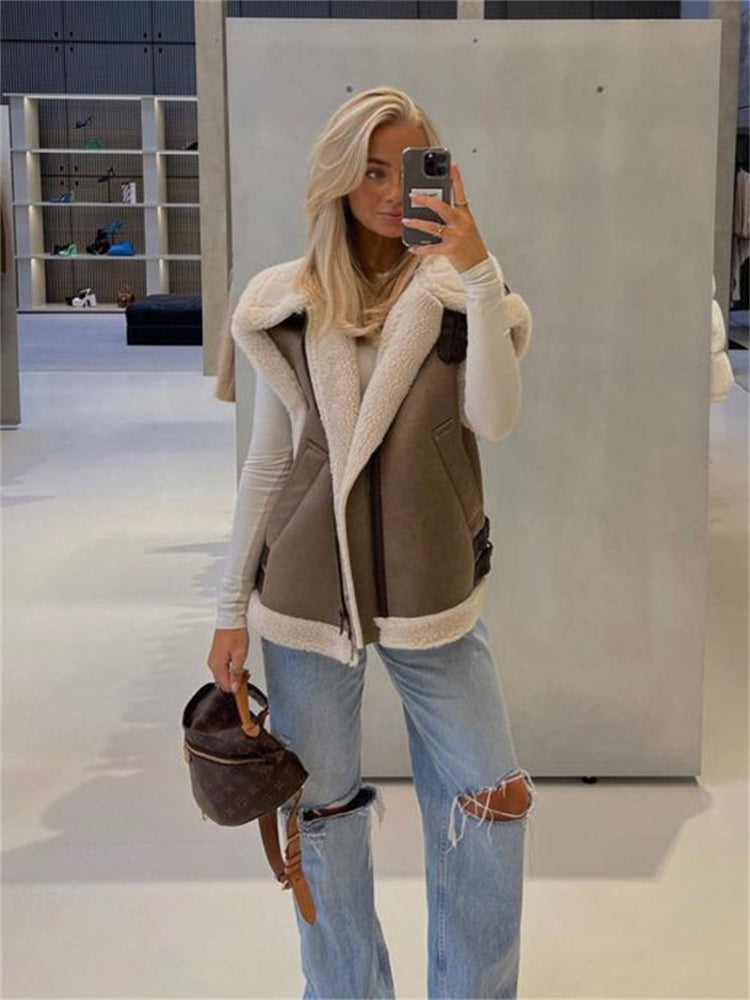 Mojoyce Suede Leather Thick Fleece Jacket Autumn Winter Women Splice Sleeveless Faux Shearling Jackets Vest Y2K Cardigans Coats