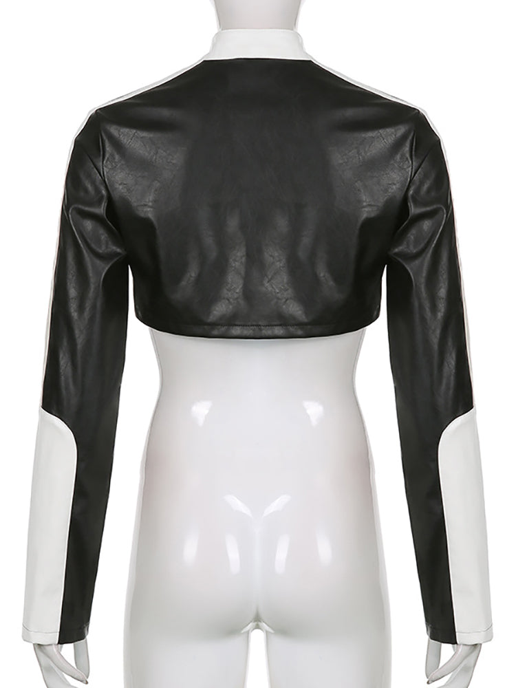 Mojoyce PU Leather Jackets Coats Women 2022 Autumn Patchwork Long Sleeve High Street Cropped Jackets Casual Motorcycle Y2K Tops