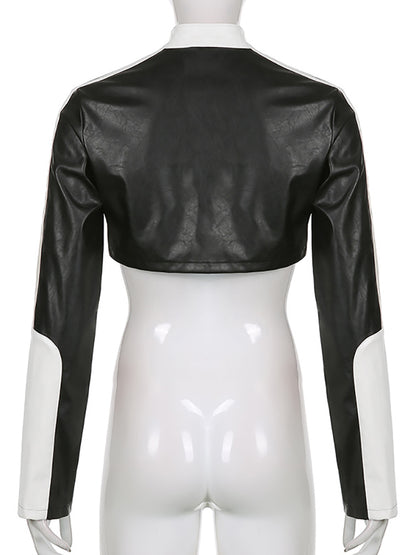 Mojoyce PU Leather Jackets Coats Women 2022 Autumn Patchwork Long Sleeve High Street Cropped Jackets Casual Motorcycle Y2K Tops