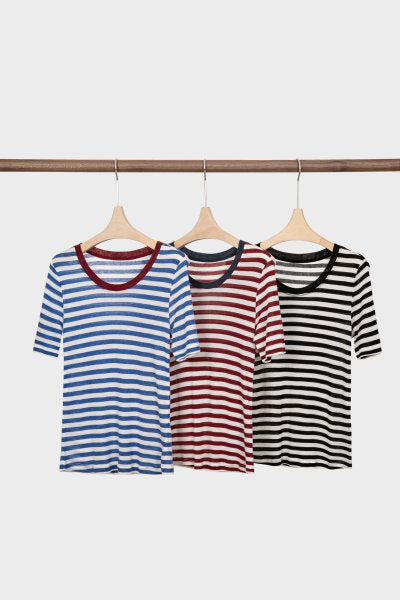 MEDUSA?ZY8001Navy striped Tencel wool T-shirt is suitable for summer