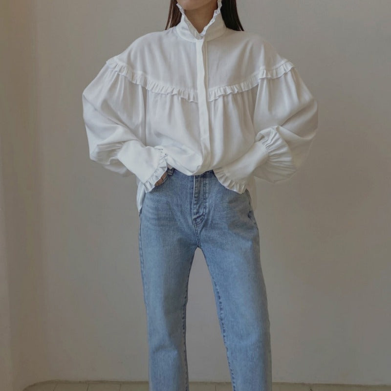 Mojoyce Ruffle Loose Shirts For Women 2024 Spring White Turtleneck Long Sleeve Women's Shirt Street Casual Oversized Shirt Femme