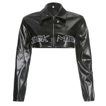 Mojoyce PU Leather Jackets Coats Women 2022 Autumn Patchwork Long Sleeve High Street Cropped Jackets Casual Motorcycle Y2K Tops