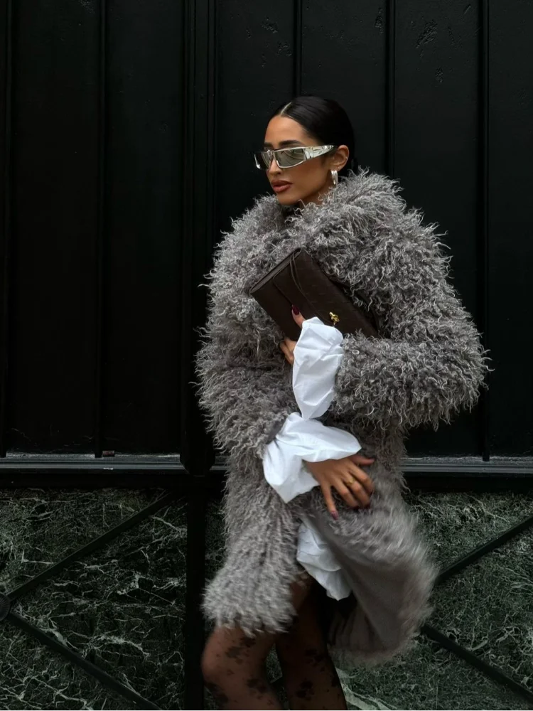 Mojoyce-Women Fashion Grey Fluffy Curly Faux Fur Overcoats Elegant Lapel Full Sleeves Long Coat Autumn 2024 Chic Lady Street Warm Jacket