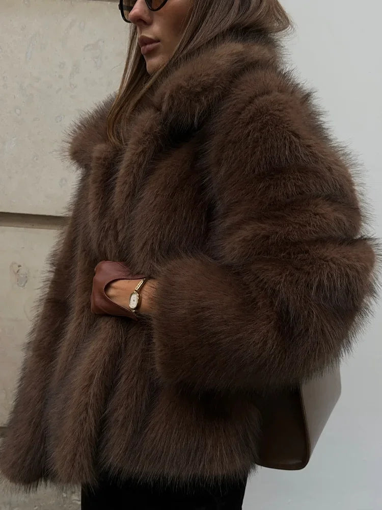 Mojoyce-2024 Winter Lapel Warm Faux Fur Coat Luxury Fluffy Plush Long Sleeve Thick Short Jackets New Fashion Lady High Street Outerwear