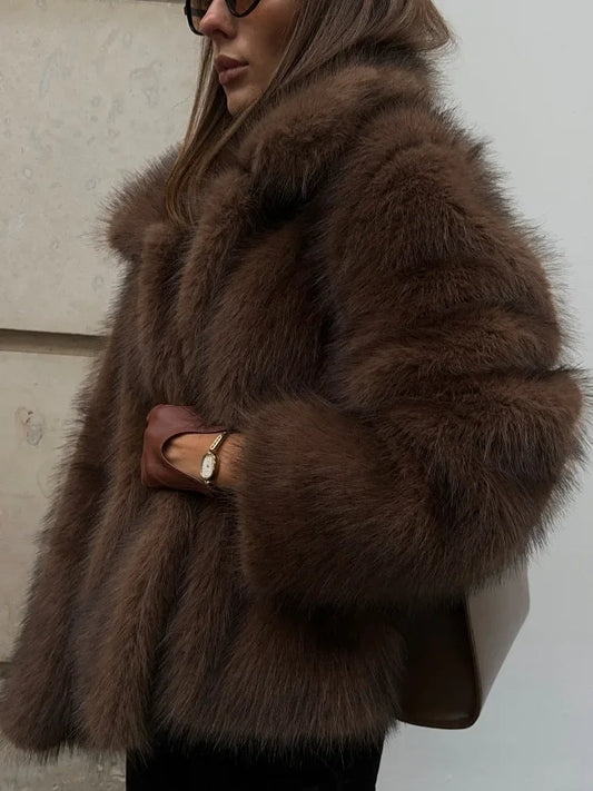 Mojoyce-2024 Winter Lapel Warm Faux Fur Coat Luxury Fluffy Plush Long Sleeve Thick Short Jackets New Fashion Lady High Street Outerwear