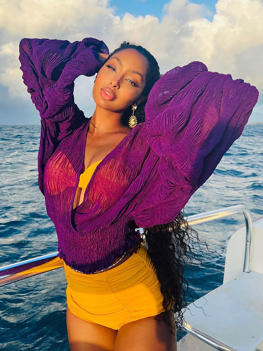 Mojoyce Summer Blouses Shirts Women V-Neck Puff Sleeve Slim Blusas 2023 See Through Sexy Beachwear Tops Blouse White Elegant