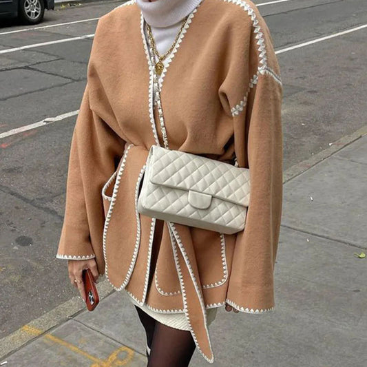 Mojoyce Lace Up Cardigan Coat Woman Long Sleeve V Neck Femme Jackets 2024 Autumn Fashion Slim Elegant Women's Tweed Jacket New