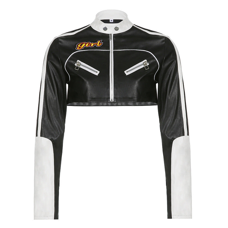 Mojoyce PU Leather Jackets Coats Women 2022 Autumn Patchwork Long Sleeve High Street Cropped Jackets Casual Motorcycle Y2K Tops