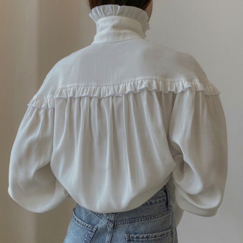 Mojoyce Ruffle Loose Shirts For Women 2024 Spring White Turtleneck Long Sleeve Women's Shirt Street Casual Oversized Shirt Femme