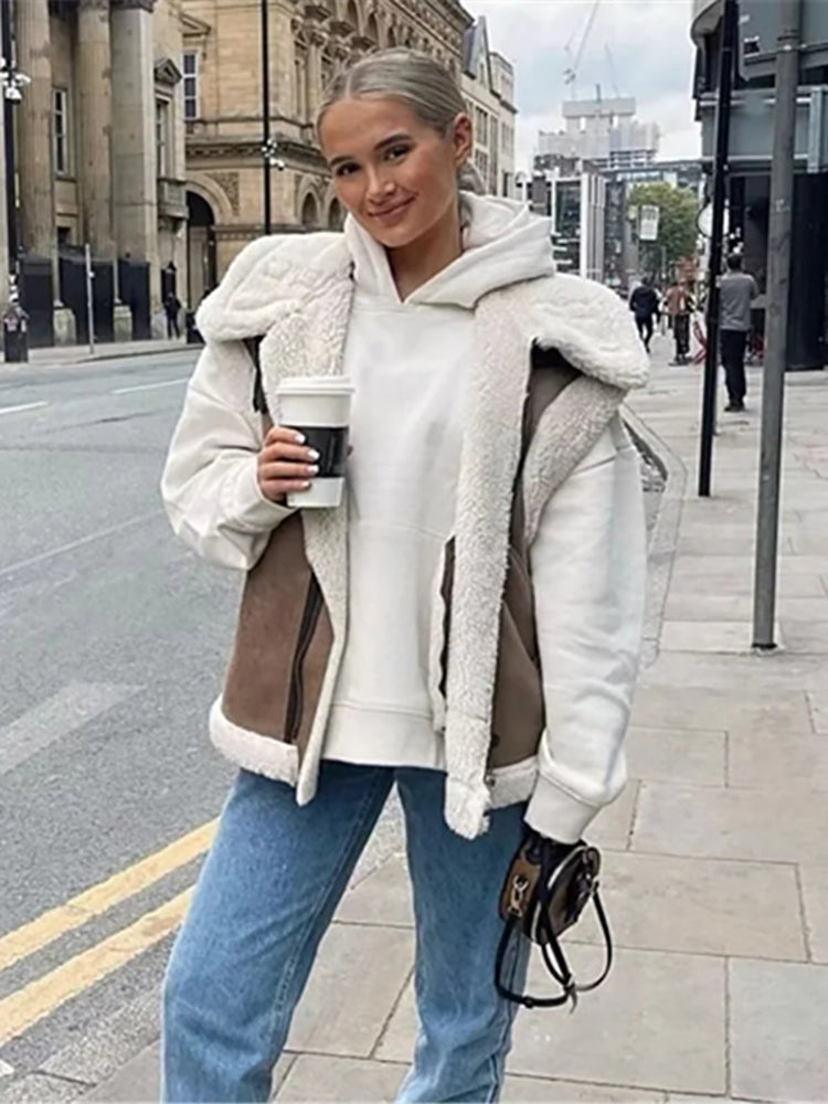 Mojoyce Suede Leather Thick Fleece Jacket Autumn Winter Women Splice Sleeveless Faux Shearling Jackets Vest Y2K Cardigans Coats