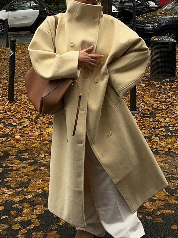 Mojoyce-Elegant Solid Lapel Woolen Full Sleeve Coats Fashion Long Double-breasted Coat 2024 New Autumn Winter Chic Lady High Street Wear
