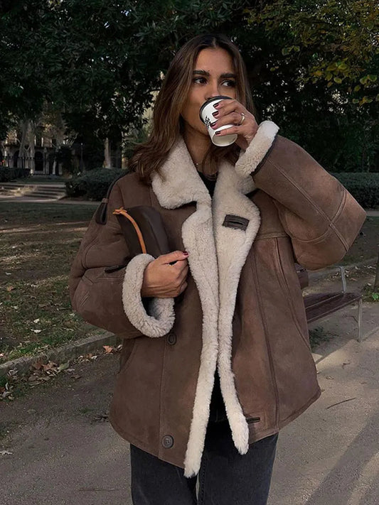 Mojoyce-Warm Thick Fluffy Solid Coat For Women Casual Lapel Long Sleeve Single Breasted Coats Female Autumn Winter Street Overcoat