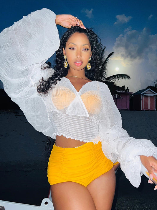 Mojoyce Summer Blouses Shirts Women V-Neck Puff Sleeve Slim Blusas 2023 See Through Sexy Beachwear Tops Blouse White Elegant
